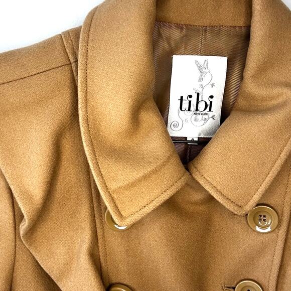 Tibi Women’s 4 Camel Wool Pea Coat Ruffle Detail Button Designer Jacket - Picture 6 of 7